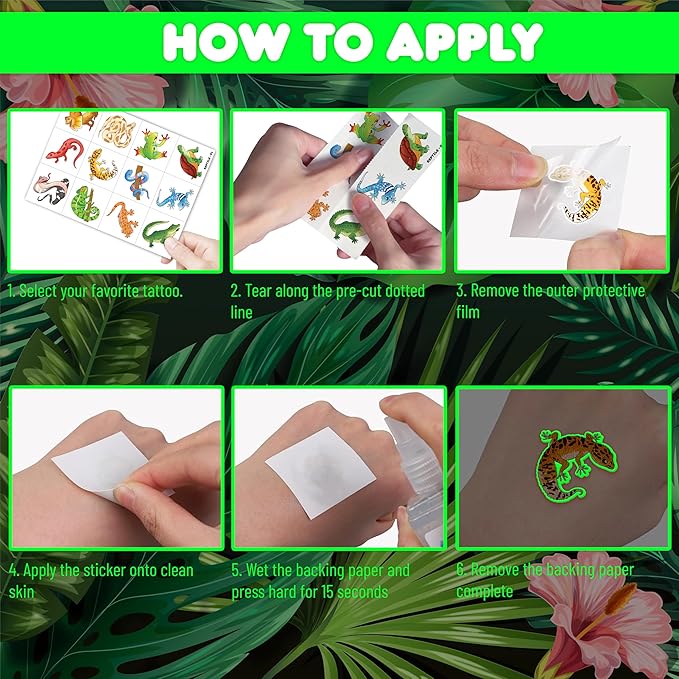 96PCS Reptile Animal Safari Jungle Lizard Pre-Cut Luminous Glow in the dark Temporary Tattoos for Kids | Super Cute Theme Birthday Party Favors Supplies Decorations, Fake Tattoos Gifts for Boys Girls