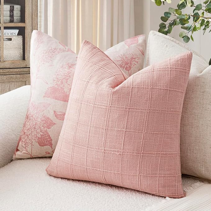 Foindtower Set of 2 Decorative Linen Check Throw Pillow Covers Neutral Farmhouse Vintage Cushion Covers Modern Boho Accent Home Decor for Sofa Chair Couch Bedroom Living Room,20×20 Inch,Light Pink