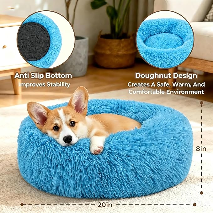 Calming Donut Dog and Cat Bed for Indoor Cats, Anti-Anxiety Round Fluffy Soft Washable Small Pet Bed for Puppy and Kitten, Warming Comfortable Luxury Anti-Slip Waterproof Mute Base 20in Light Blue