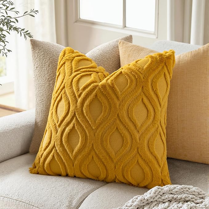 MIULEE Fall Mustard Yellow Soft Plush Faux Wool Throw Pillow Covers 16x16 | Set of 2, Farmhouse Boho Home Decor, Decorative Cushion Covers for Sofa, Living Room, Bed
