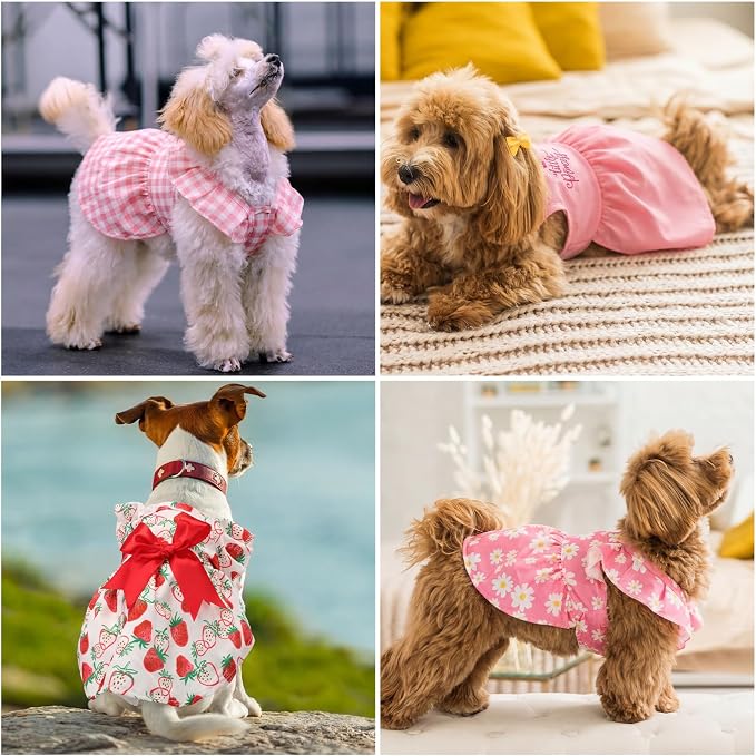 Abbylike 5 Pcs Dog Dresses for Medium Dog Girl, Pink Summer Puppy Clothes | Floral Strawberry Daisy Princess Bowknot Plaid, Cute Breathable Soft Dog Skirts Outfits, for Small Medium Pets Cats Female
