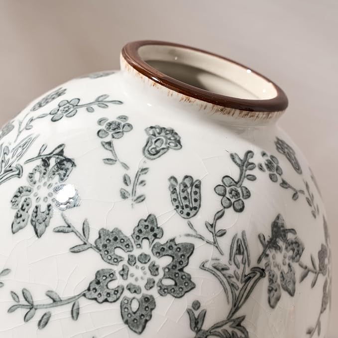 5.83 Inch Vintage Gray Chinoiserie Floral Vase, Antique Rustic Ceramic Vase for Home Decor, Living Room, Bookshelf, Office, Entryway, Garden, Chinoiserie Decor, Tuscan Decor