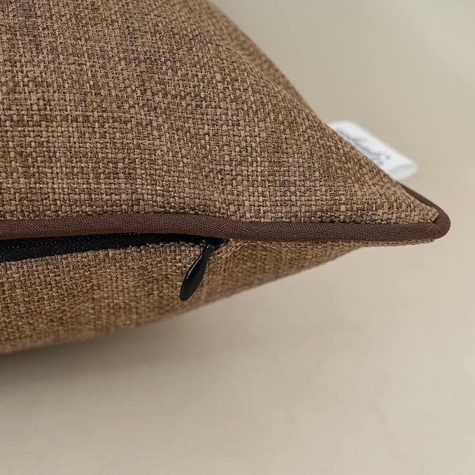 Patchwork Pillow Cover 20x20 Inch Luxury Cotton and Linen Cushion Cover Faux Leather Pillowcover for Couch Bedroom Living Room, Brown