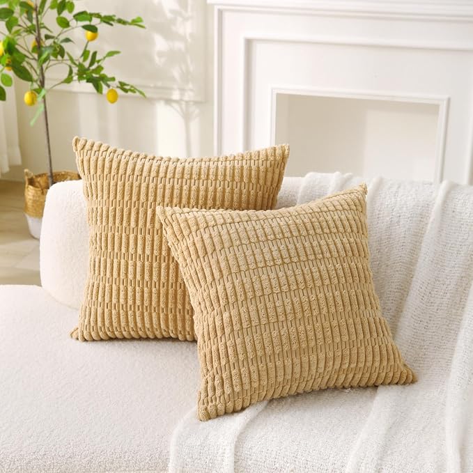 2 Pack Corduroy Decorative Throw Pillow with Inserts, 20x20 Inch Soft Boho Throw Pillow, Square Striped Throw Pillows for Couch, Bed, Sofa Decor (Golden Brown)