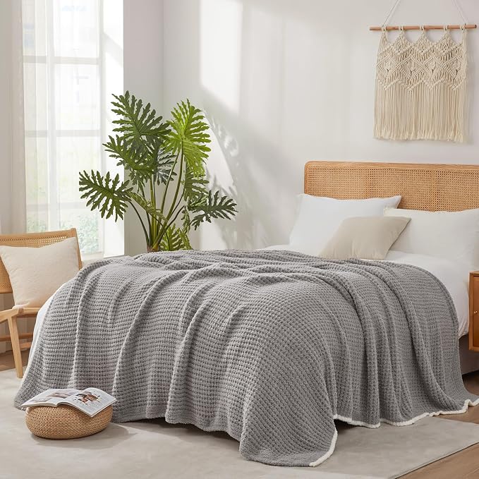 Snuggle Sac Soft Waffle Blanket, Grey Bedding Blankets Queen Size 90x90 inches, Reversible Microfiber Fluffy Fuzzy Grey Blanket Cozy Knit Blanket for Women Mothers Birthday Gifts