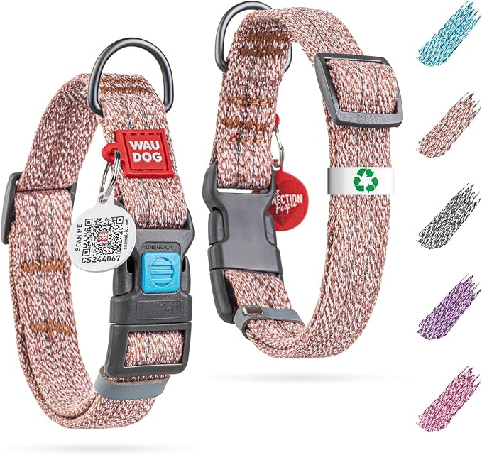 WAUDOG Reflective Cotton Dog Collar Eco-Friendly Alt to Nylon Collar for Small Medium and Large Dogs - Pet Collar with QR ID Tag - Puppy Collar for Large Breed Dogs - Adjustable Male Female Dog Collar
