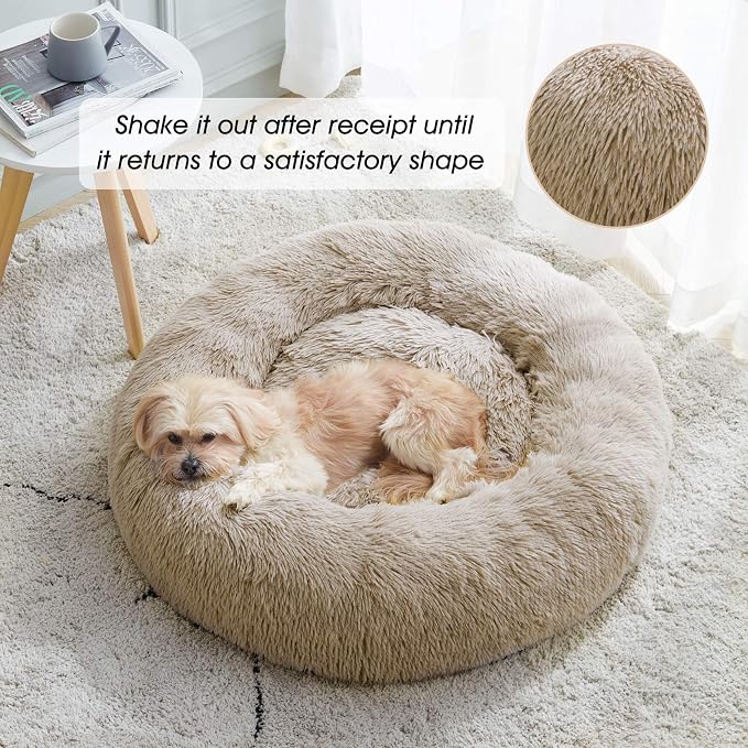 Western Home Calming Donut Small Medium Pet Dog Bed Washable,27" Brown | Fluffy Faux Fur Round Cuddler,Anti-Anxiety,Anti-Slip Bottom,Plush Pet Dog Beds for Small Medium Sized Dogs,Up to 35 LBS