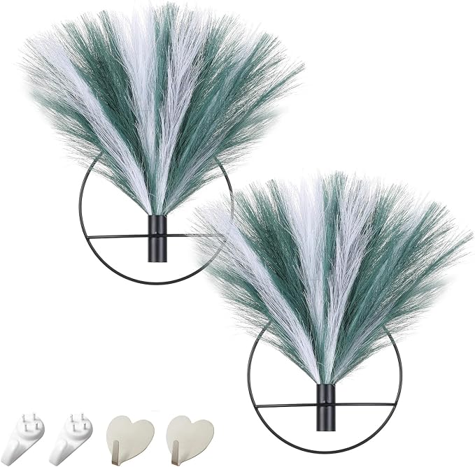 Pretty Jolly Boho Pampas Wall Decor Black Metal Wall-Mounted Art | Morden Artificial Greenery Display，2 Pack Hanging Planter For Living Room, Bedroom, Bathroom, Dining room