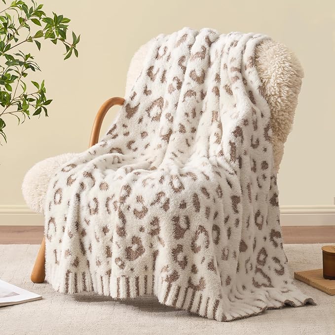 Snuggle Sac Leopard Luxury Faux Fur Throw Blanket for Couch,Ultra Soft Cozy Plush Fluffy Blanket for Sofa Bedroom Living Room,Beige Leopard,50x60 inches