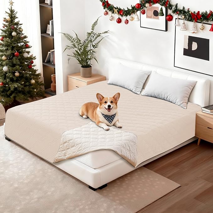 Waterproof Dog Blanket, Non-Slip Soft Pet Bed Cover, Couch Cover for Dogs Washable, Protects Sofa, Furniture, Crate, Car, Tear Resistant Leakproof Pet Blanket (52x82 Inch, Beige)