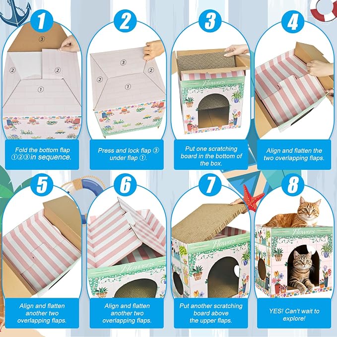 Cinrobiye Cardboard Cat House with 2 Pcs Scratching Pad，Pet Hideaway Cave Board Bed Playhouse Condo Box Decor Small Animals Scratcher Bed for Indoor Cats Kittens Rabbits Bunny