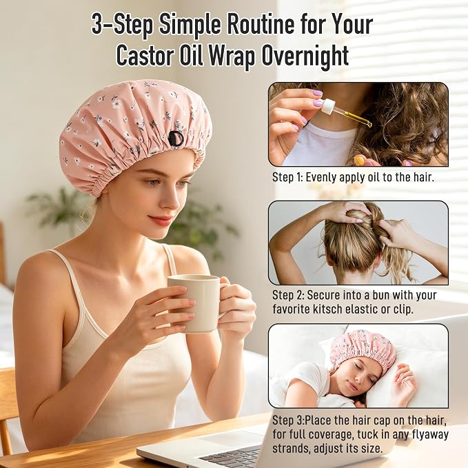 Castor Oil Pack Wrap Organic Cotton for Hair Growth, Overnight Hair Wrap for Sleep, Reusable Hair Mask Cap for Castor Oil Treatment of Balding,Thinning Dry and Damaged Hair(Oil Not Included) Flowers,M