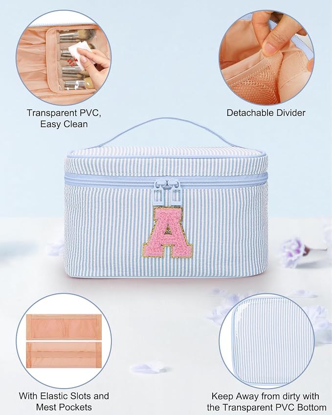 MONSTINA Initial Makeup Bag with Brush Holder for Women,Make Up Case for Girlfriend Bridesmaid Wife|Personalized Birthday Gift for Her Cute Toiletry Bag,2PCS,Blue K