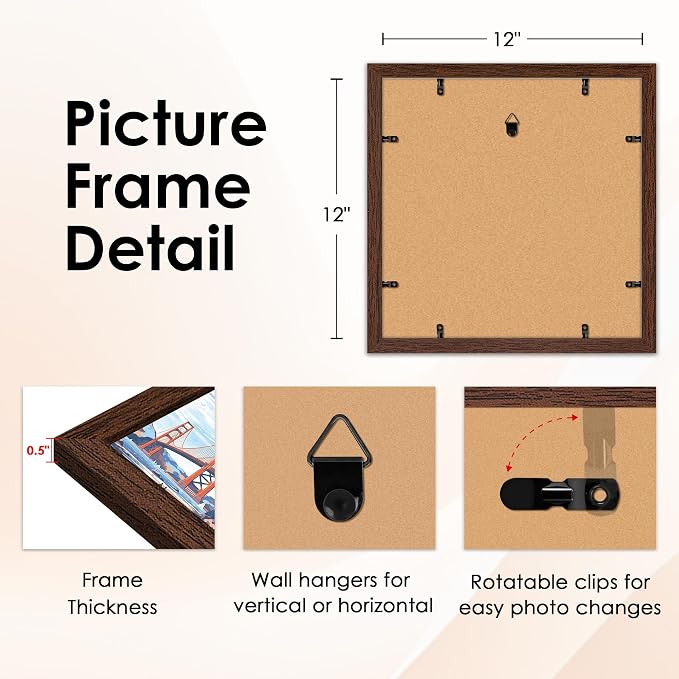 12x12 Picture Frame Brown Set of 2, Photo Frame with HD Plexiglass, Display Pictures 8x8 with Mat or 12x12 Without Mat, Brown Picture Frames Collage Wall Decor, Gallary Wall Frame