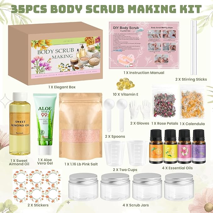 JUYRLE Body Scrub Making Kit- DIY Pink Salt Body Scrub Kit with Almond Oil, Essential Oils, Moisturizing and Exfoliating Dry Skin Hand Foot DIY Organic SPA Kit Christmas Gifts For Women & Men