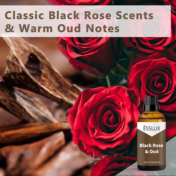 Black Rose & Oud Fragrance Oil, ESSLUX Large Single Scented Oils 100 ml (3.3 oz), Aromatherapy Essential Oils for Home for Diffuser, Massage, Soap, Candle Making Scents