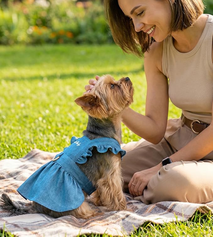 Denim Cat Dog Dress Clothes for Small Dogs with Leash Ring Summer Girl Small Dog Clothes Outfit Belly Velcro Fastening Cat Outfits&Apparel for Girl