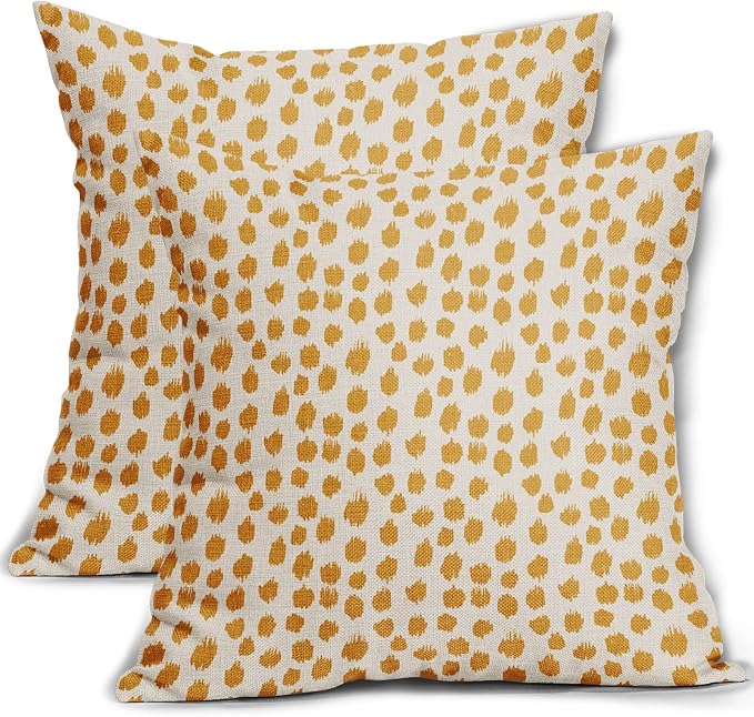 Mustard Yellow Cream Pillow Covers 16x16 Set of 2 Boho Design Polka Dot Throw Pillows Modern Brush Strokes Print Decorative Outdoor Pillowcase Square Cushion Cover Linen Pillow Case for Sofa Couch Bed
