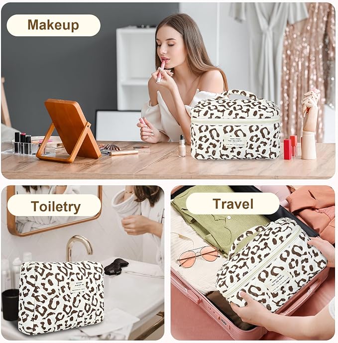 GISMTR 3Pcs Makeup Bag Cotton Quilted Travel Cosmetic Bag Cute Floral Makeup Pouch Large Toiletry Bag for Women Girls