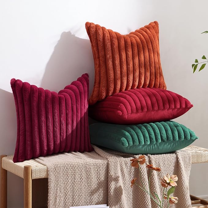 decorUhome Fall Faux Fur Throw Pillow Covers 12x20 Set of 2 Red | Decorative Soft Cozy Striped Plush Modern Farmhouse Boho Couch Pillow Cases Velvet Back for Sofa Bed Living Room Home Decor