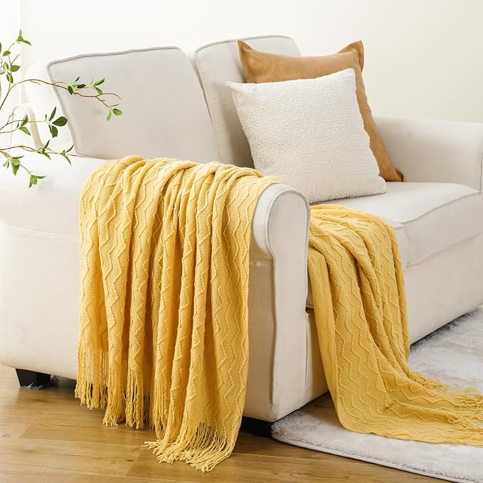 BATTILO HOME Yellow Throw Blanket for Couch, Textured Soft Gold Throw Blankets, Decorative Knitted Mustard Blanket for Sofa Bed Living Room, 50"x60"