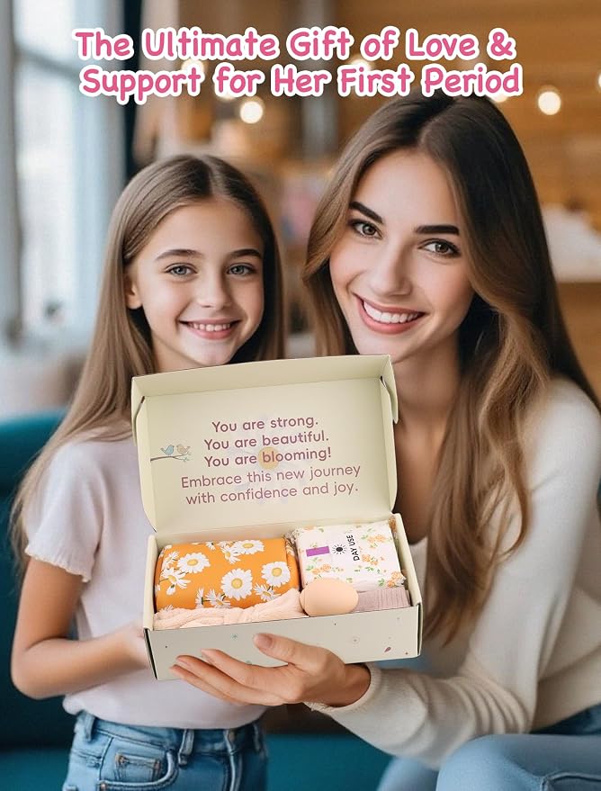 First Period Gift Kit for Girls 9-12 | Complete Tween Period Set with Daisy Yellow Bag, Leak-Proof Panties, Teen Pads, Wipes, Diary, Nail Stickers & More – Perfect for School & Travel (S)