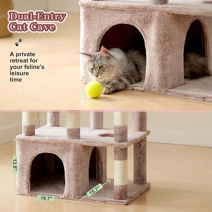 Heybly Cat Tree, 71-Inch Tall Cat Tower for Large Maine Coon Cats HCT037MU | Cat Condo Furniture with Extra-Large Baseboard, Multi-Level Platforms, 2 Hammocks and 12 Scratching Posts, Rosy Brown