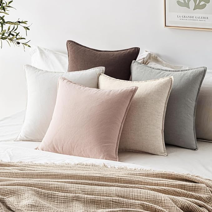 EMEMA Euro Sham Decorative Linen Throw Pillow Covers 22x22 Inch Pink | Boho Farmhouse Neutral Couch Throw Pillows for Bed Pack of 2 Accent Pillowcase Modern Sofa Cushion Livingroom Home Decor