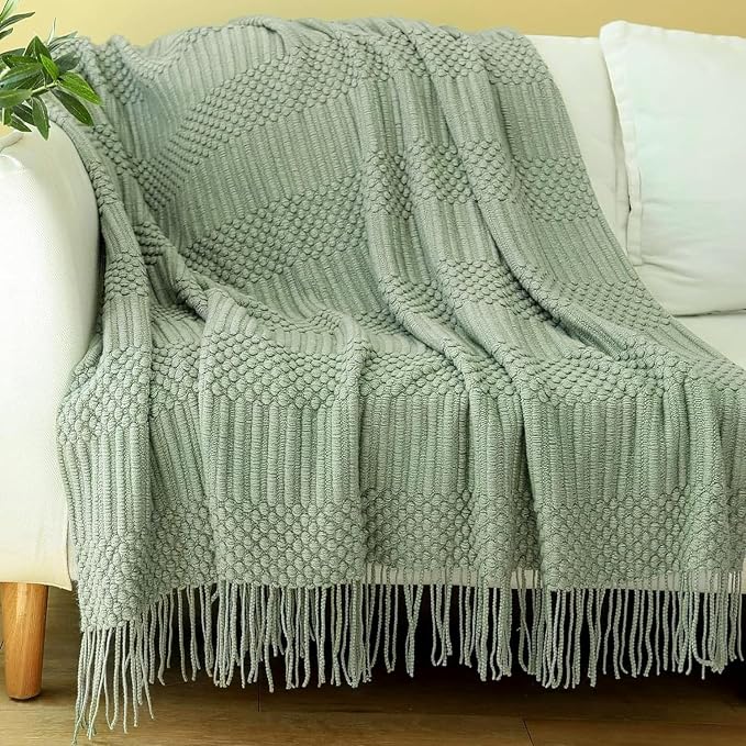 Blagic Soft Knitted Throw Blanket for Couch and Bed,Sage Green,60"x80" | Lightweight and Cozy,Farmhouse Boho Blanket with Tassel,Decorative for Living Room,Gifts for Adults,All Season Use