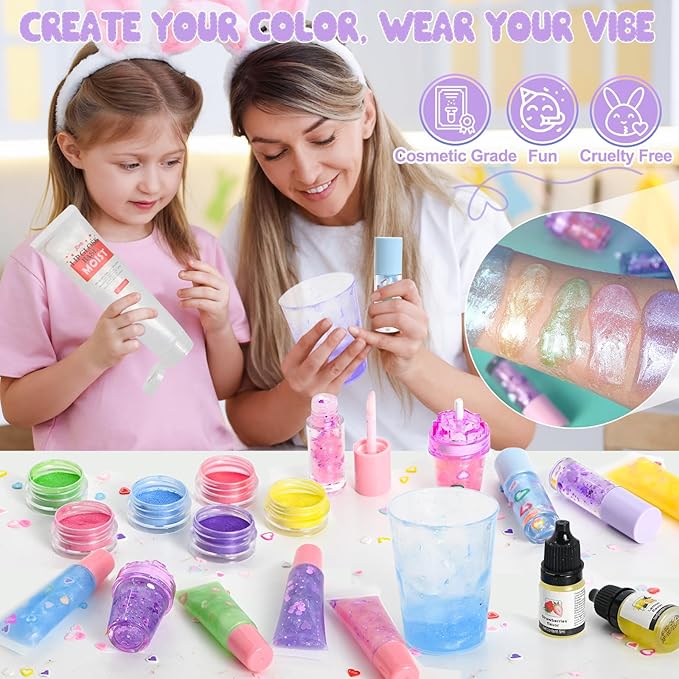 Jcoos 55PCS Lip Gloss Making Kit, Fun Lip Gloss Kit to Make Your Own Lip Gloss for Girls, Women, Teens with Moisturizing Lipgloss Base, Tubes, Pigments Lipgloss Set Christmas Gift for Women