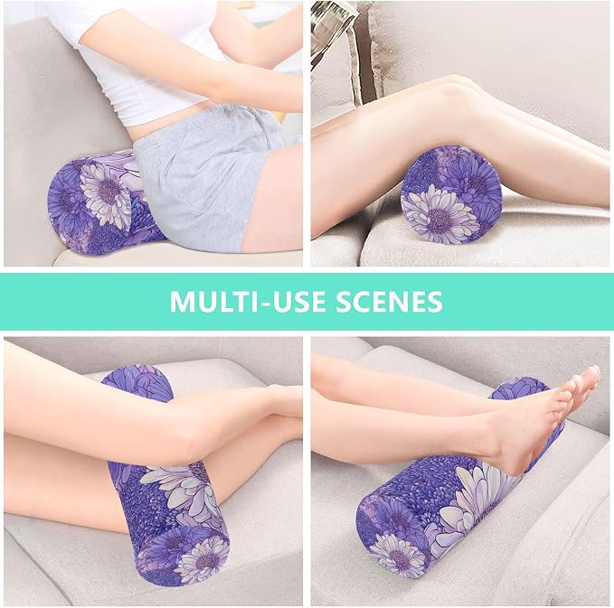 Cartoon Chrysanthemum Flowers and Lavender Neck Roll Pillow Bolster Round Health Memory Foam Long Cervical Cylinder Pillows with Removable Washable Cover for Body Bed Legs Back Yoga