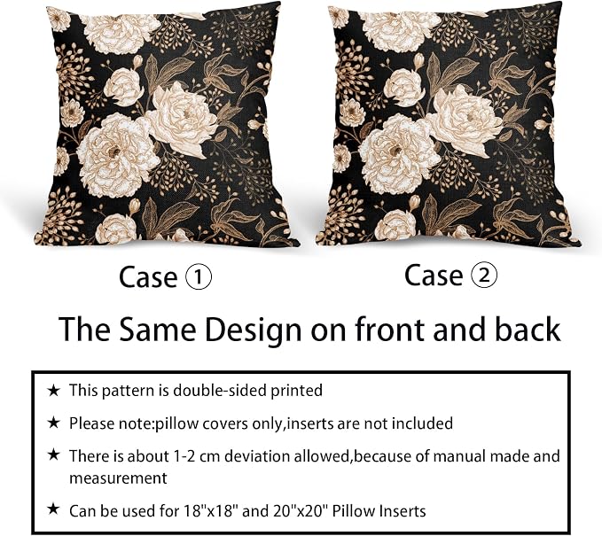 Vintage Peony Roses Floral Plant Pillow Covers 22X22 Inch Set of 2 Chinoiserie White Flower Leaves Decorative Pillow Cases Black Gold Cushion Case Vintage Home Decor for Sofa Couch Outdoor