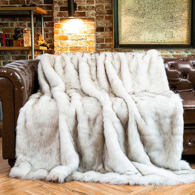 BATTILO Luxury White Faux Fur Throw Blanket for Couch, 60"x80", Tip-Dyed | Large Fuzzy Fluffy Elegant Cozy White Blanket, Super Warm Heavy Thick Faux Fur Blanket for Bed, Living Room