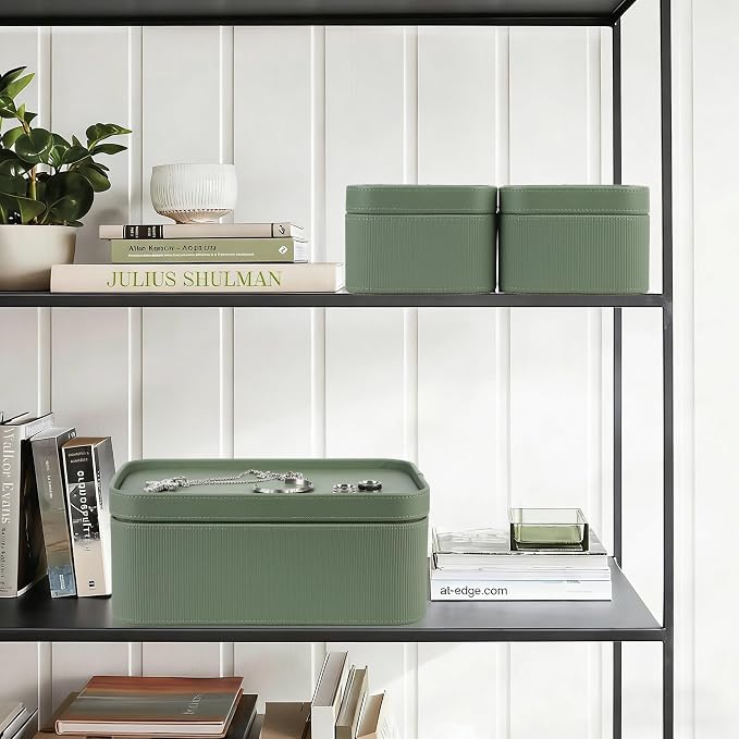 HofferRuffer Faux Leather Decorative Storage Boxes, Dust proof Storage Shelf Baskets with Lids Trays, Storage Bins Memory Box Organizer for Home, Office, Jewelry & More, Set of 3 (Green)