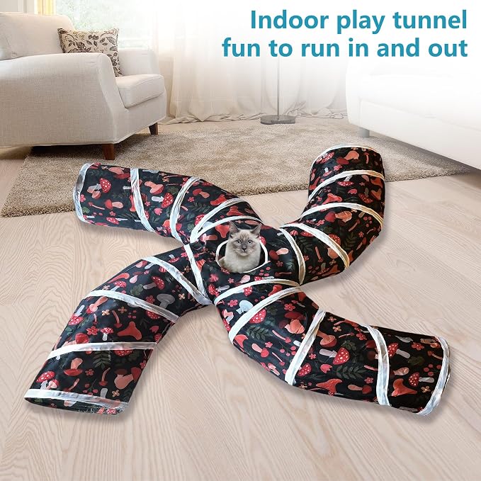 EGETOTA Cat Tunnel for Indoor Cats Large, with Play Ball S-Shape 5 Way Collapsible Interactive Peek Hole Pet Tube Toys, Puppy, Kitty, Kitten, Rabbit (S4 - Mushroom)