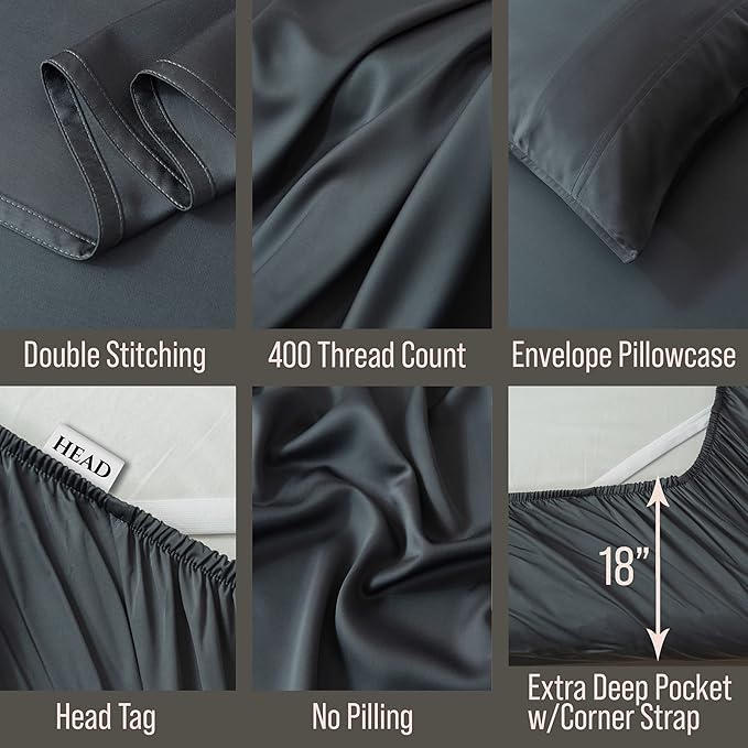 Bella Coterie Luxury Bamboo Viscose Full Size Sheet Set | 100% Organically Grown | Ultra Soft | Cooling for Hot Sleepers | 18" Deep Pocket [Charcoal Grey]
