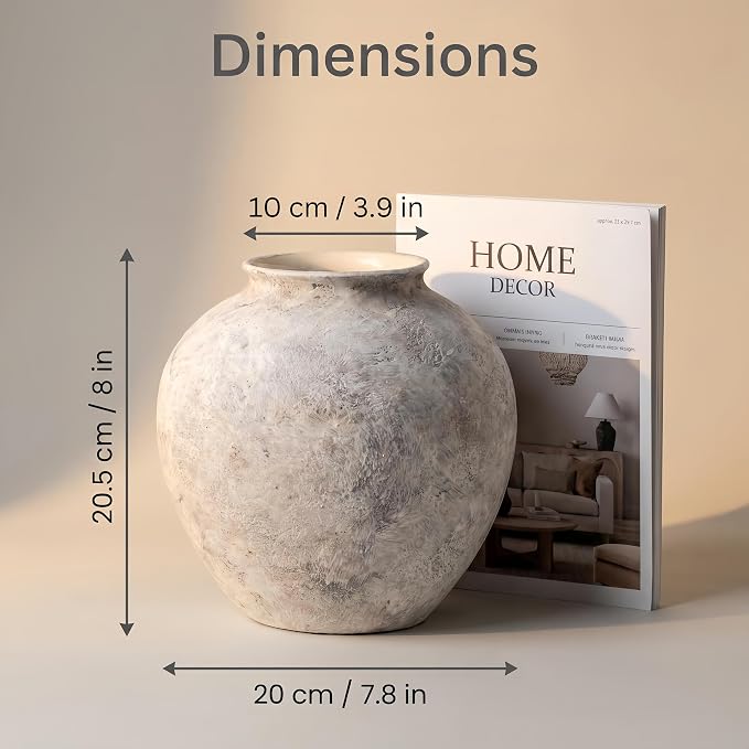 Lvases Aged Stone Rustic Ceramic Farmhouse Home Decor Dried Flower Vase | 8.3in large stone white limestone finish, mediterranean tuscan aged cement look, rustic table living room decorative vase