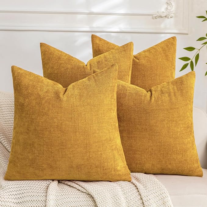 Set of 4 Soft Textured Decorative Throw Pillow Covers 16x16 Inch Cozy Farmhouse Cushion Cover Square Accent Pillow Cases for Bed Couch Sofa Living Room, Mustard Yellow