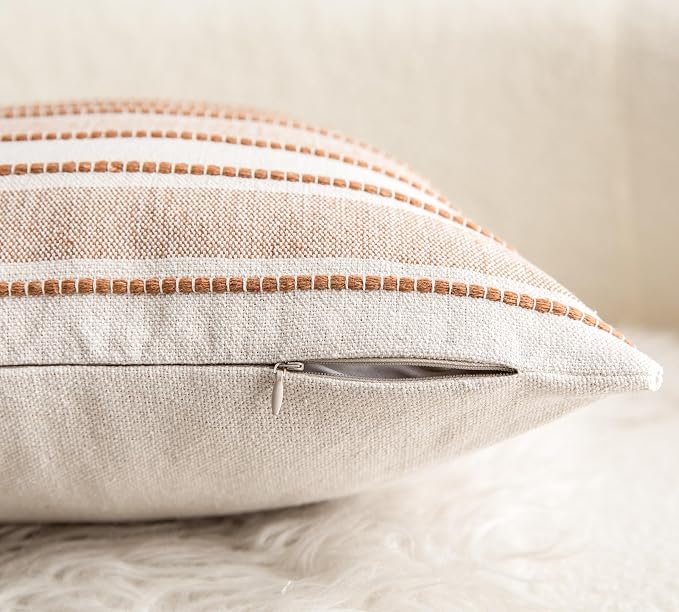 Cethom Decorative Boho Throw Pillow Covers, Farmhouse Textured Pillow Case, 18 x 18 Inch Set of 2, Chair Sofa Bedroom Living Room Home Decor Couch Cushion Case, Brown and Beige Striped