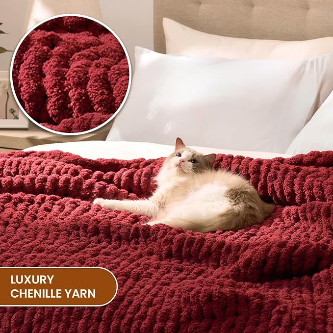 L'AGRATY Chunky Knit Throw Blanket for Couch, 60 x 80 Inches, Maroon Red | Handmade Chenille Crochet Blanket for Sofa Bed, Thick Cable Knitted Blankets for Room Home Decor, Birthday Gift for Women Mom