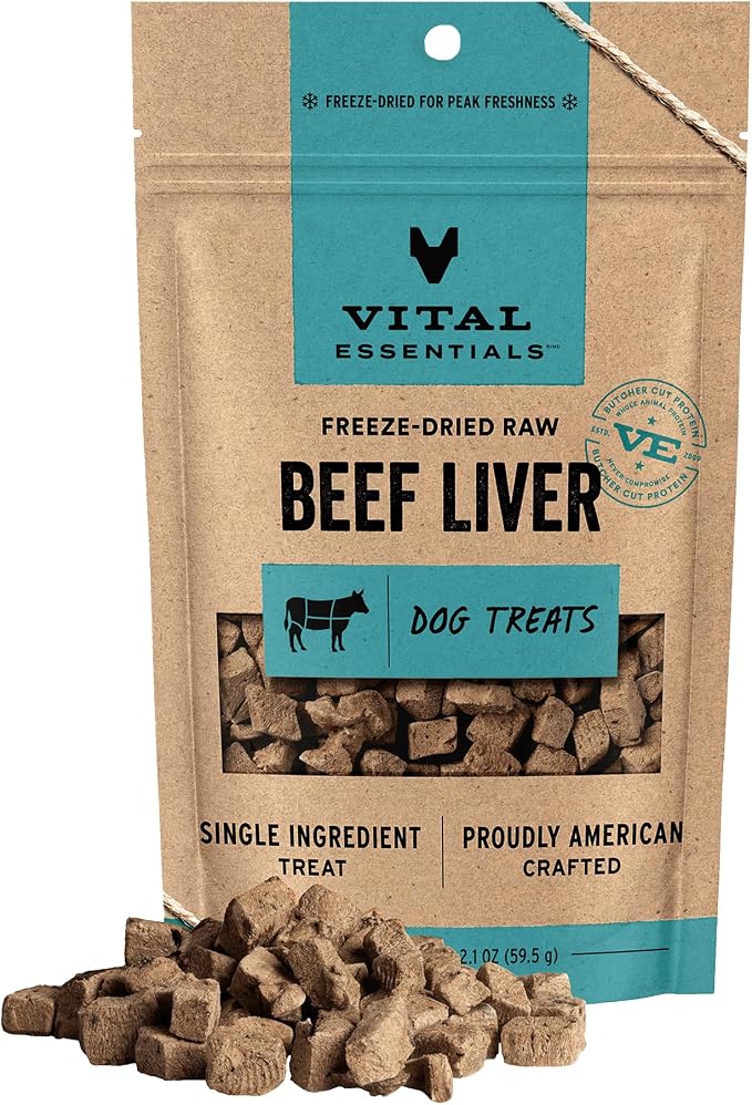 Vital Essentials Freeze Dried Dog Treats, Beef Liver, 2.1 oz Bag | Single Ingredient, Made With 100% Beef Liver, Grain-Free Training Treats, USA Made with U.S. & Globally Sourced Ingredients