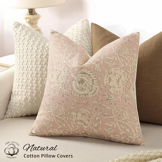 Vintage Floral Print Throw Pillow Covers 22x22 Set of 2 Neutral Modern Farmhouse Pillowcases Accent Decorative Cushion Covers Boho Home Decor for Couch Sofa Chair Bed Living Room, Champagne Pink
