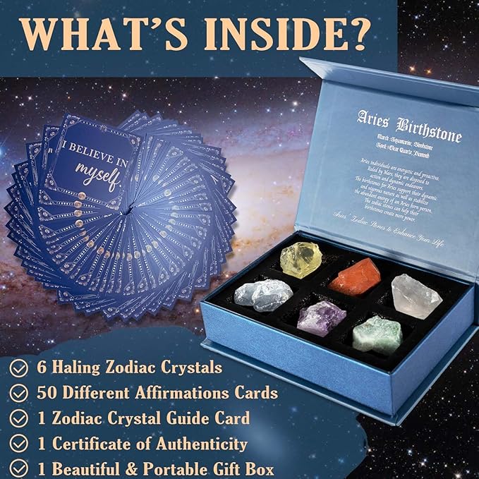 Faivykyd Aries Crystals Gifts for Women - 6 Aries Zodiac Healing Stones w/ 50 Miracle Mantras Affirmation Cards, Inspirational Astrology Gifts for Promoting Positive Energy, Self-Care & Love