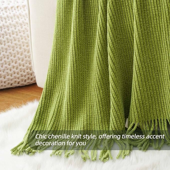 BATTILO HOME Apple Green Throw Blanket for Couch, 60"x80" | Soft Knit Chenille Throw Blanket with Tassels for Home Decor, Spring Green Throws for Couch Cover