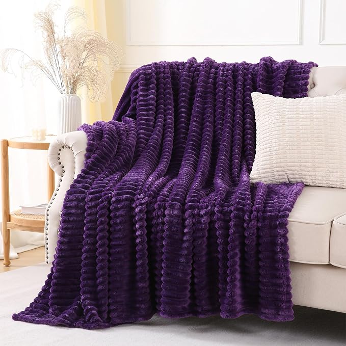 Deep Purple Throw Blanket for Couch Sofa 108"x90" Striped Design | Fleece Blankets Room Home Decor Lightweight Plush Soft Cozy Gifts for Women Mom