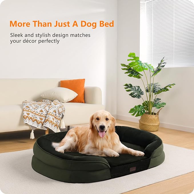 Dwanton Orthopedic Waterproof Large Dog Bed Sofa, Gel Memory Foam, 42" | Egg-Crate Foam Dog Sofa, Washable Pet Bed with Four Sided Bolster Cushion, Removable Cover & Non-Slip Bottom, Green