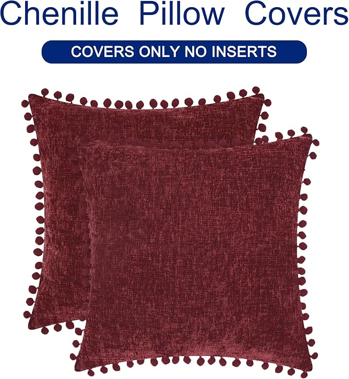 CaliTime Decorative Couch Throw Pillow Covers 16 X 16 Inches Burgundy | Pack of 2, Cozy Chenille Cushion Cases, with Pom Poms for Sofa Bed Living Room Farmhouse Home