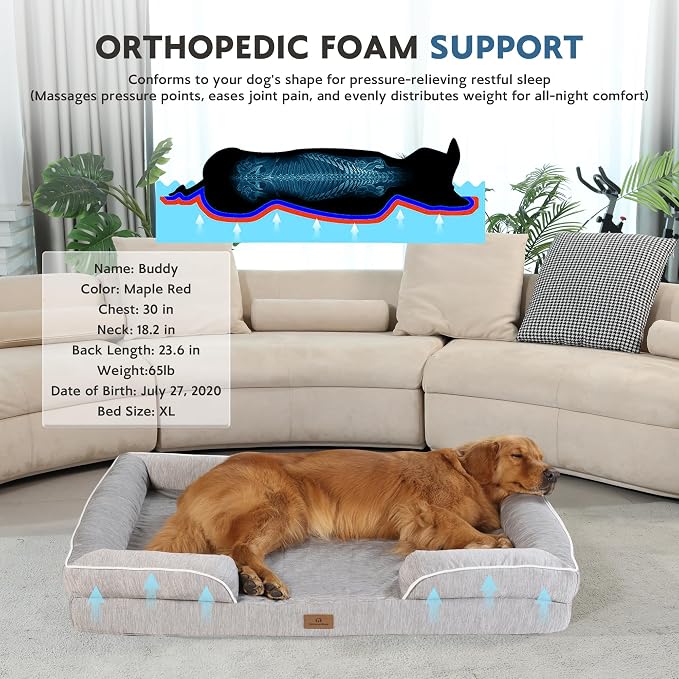 Cooling Dog Bed,Dual-Cooling Design,Q-Max >0.4 Cool Pet Beds for Large Dogs,Orthopedic Foam Dog Bed with Sides, Removable Cover & Waterproof Lining and Nonskid Bottom,42"L x 30"W x 7.5"Th