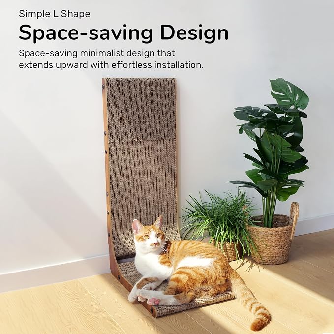 FUKUMARU Cat Scratcher for Indoor Cats, 26.8 Inch Cat Scratch Pad L Shaped | Cardboard Cat Scratcher, Vertical Cat Scratching Board with Ball Toy, Walnut Color, 1 Pack
