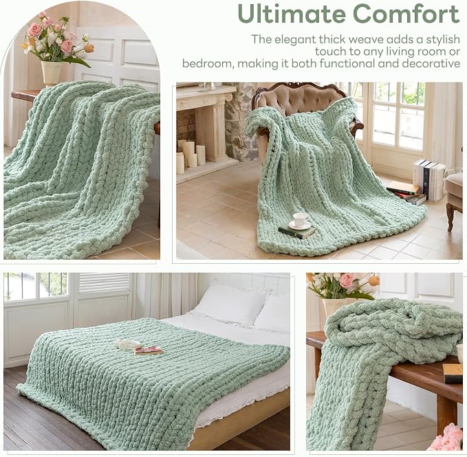 Chunky Knit Blanket - Luxury Soft Cozy 60 * 80 Throw Blanket,100% Woven Blanket Rope Knot Throw Blanket for Couch, Sofa, Home Decor, Gift - Machine Washable (Sage Green, 60 * 80)
